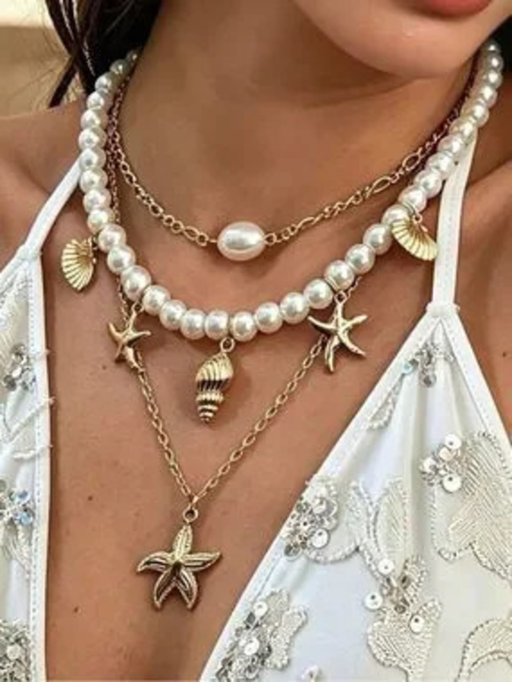 Pearl?Layered Seashell Necklace N2365
